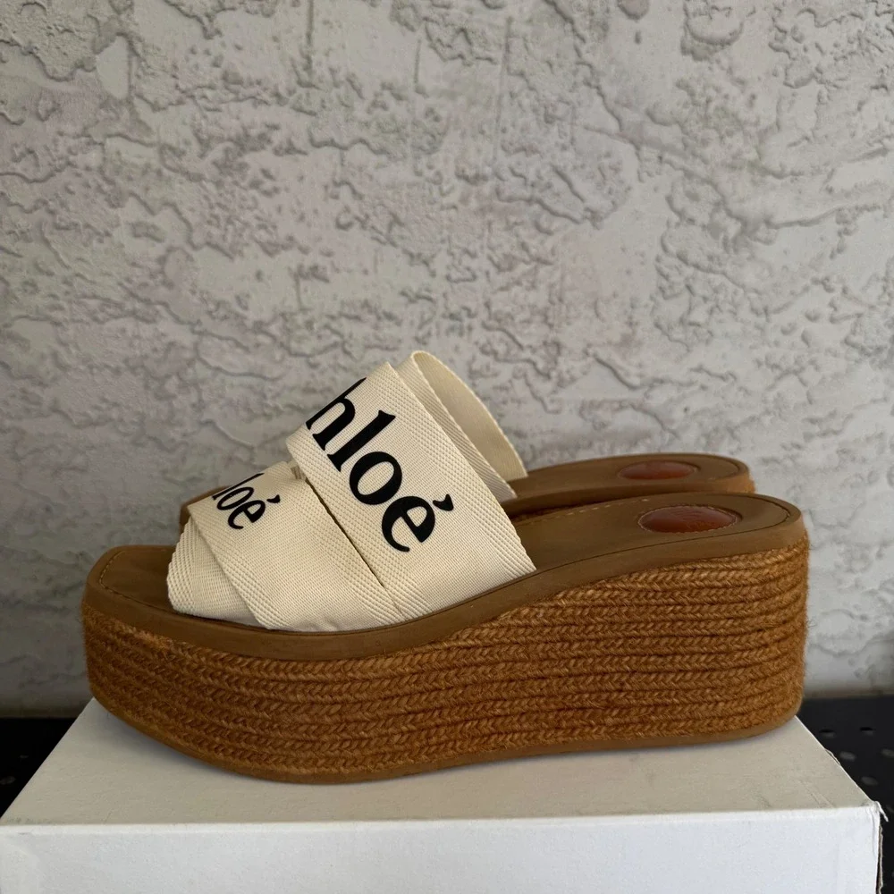 Chloe Woody Canvas Espadrilles Platform Sandals Size 41 EU‎ 10 US White x Brown